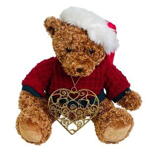 Christmas Teddy Bear Plush Toy Ornament Gold Glitter Heart 10.5" Sitting Vintage
